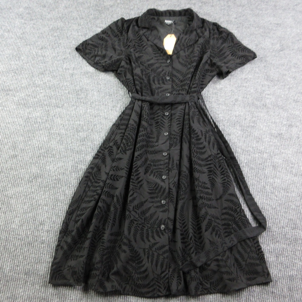 Disturbia Dress Womens 14 Black Fern Print Belted Midi Shirt Dress NWT